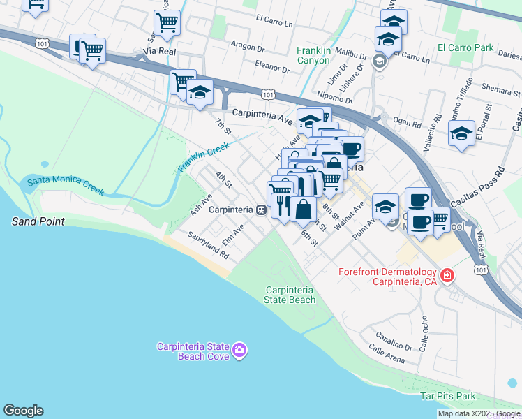 map of restaurants, bars, coffee shops, grocery stores, and more near 475 Linden Avenue in Carpinteria