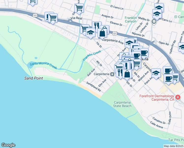 map of restaurants, bars, coffee shops, grocery stores, and more near 185 Holly Avenue in Carpinteria