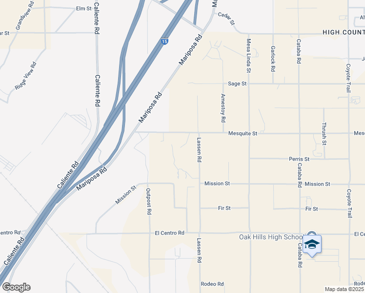 map of restaurants, bars, coffee shops, grocery stores, and more near 12255 Mesquite Street in Oak Hills