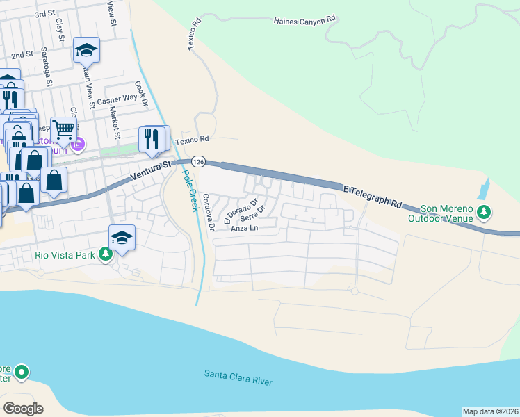 map of restaurants, bars, coffee shops, grocery stores, and more near 250 East Telegraph Road in Fillmore
