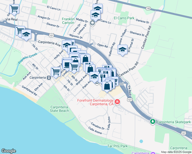 map of restaurants, bars, coffee shops, grocery stores, and more near 5250 Carpinteria Avenue in Carpinteria