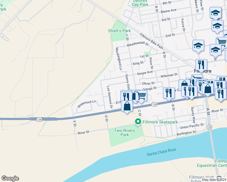 map of restaurants, bars, coffee shops, grocery stores, and more near 313 McNab Court in Fillmore