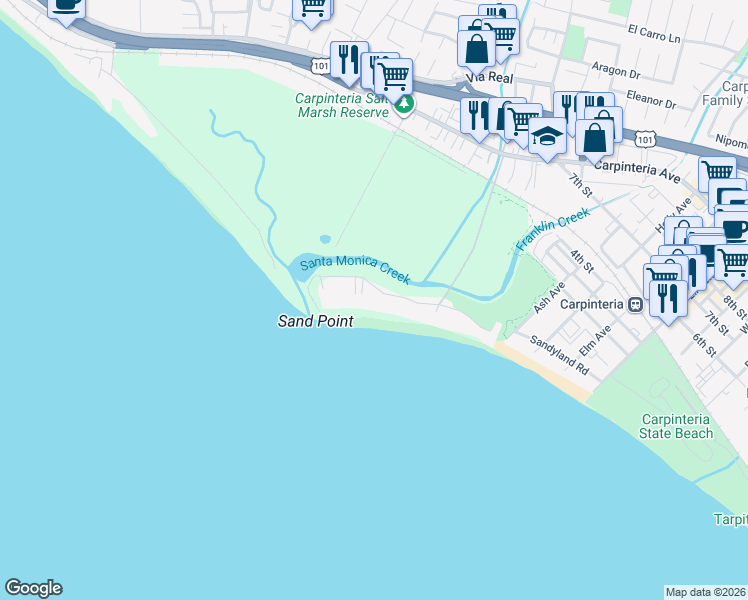 map of restaurants, bars, coffee shops, grocery stores, and more near 4347 Avenue Del Mar in Carpinteria