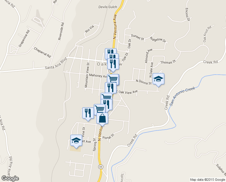 map of restaurants, bars, coffee shops, grocery stores, and more near 2 Oak View Avenue in Oak View