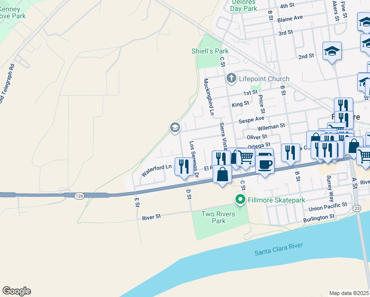 map of restaurants, bars, coffee shops, grocery stores, and more near 320 D Street in Fillmore