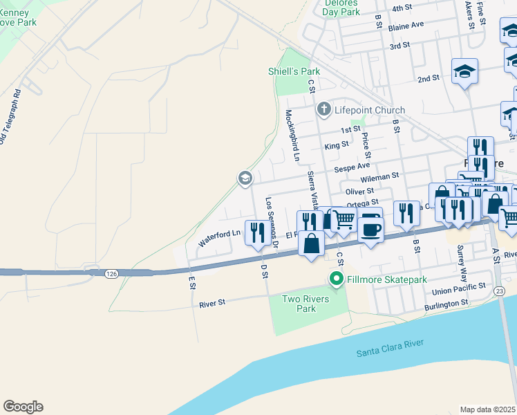 map of restaurants, bars, coffee shops, grocery stores, and more near 320 D Street in Fillmore