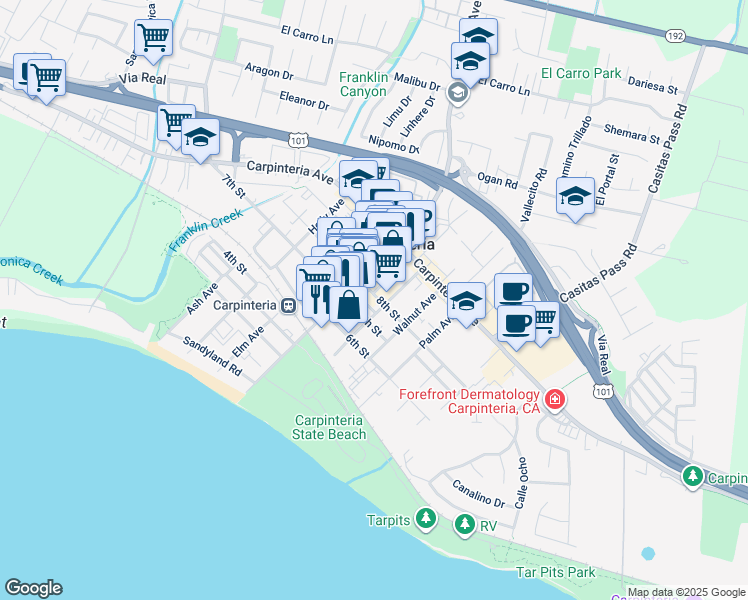 map of restaurants, bars, coffee shops, grocery stores, and more near 5061 7th Street in Carpinteria