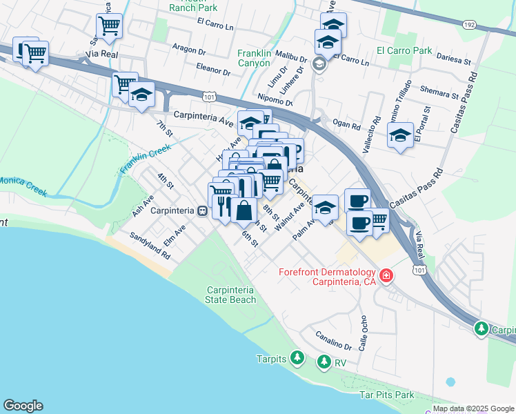 map of restaurants, bars, coffee shops, grocery stores, and more near 5061 7th Street in Carpinteria