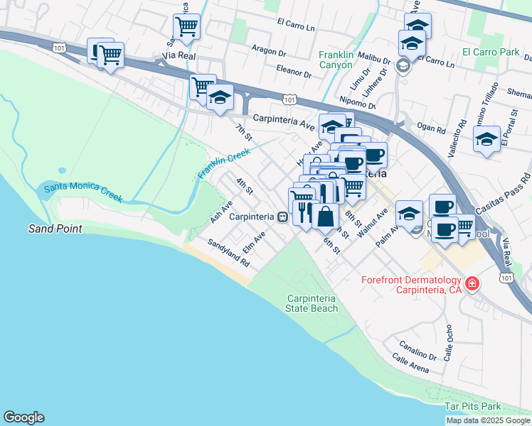 map of restaurants, bars, coffee shops, grocery stores, and more near 4855 Dorrance Way in Carpinteria