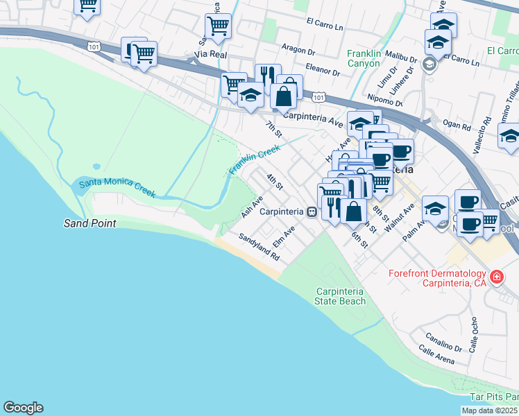 map of restaurants, bars, coffee shops, grocery stores, and more near 185 Holly Avenue in Carpinteria