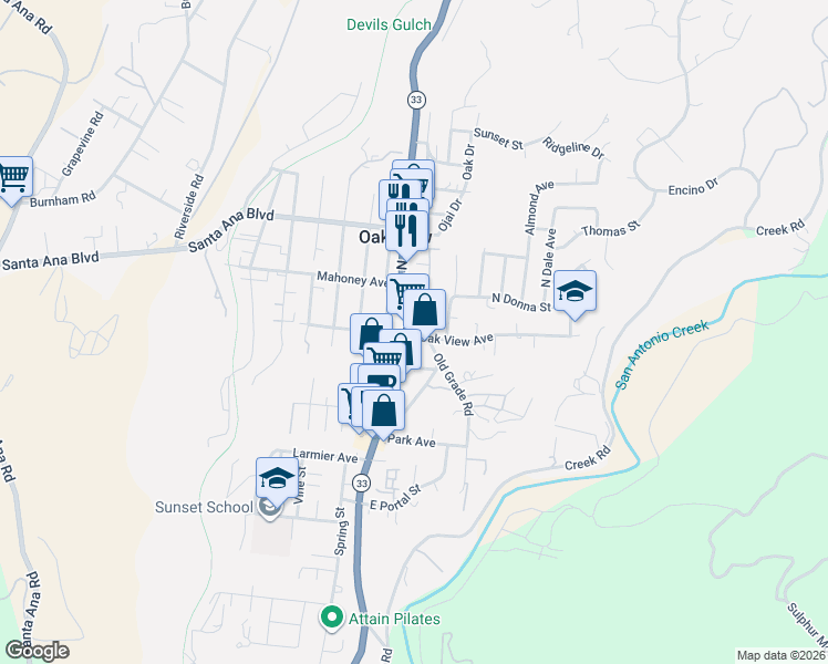map of restaurants, bars, coffee shops, grocery stores, and more near 710 North Ventura Avenue in Oak View