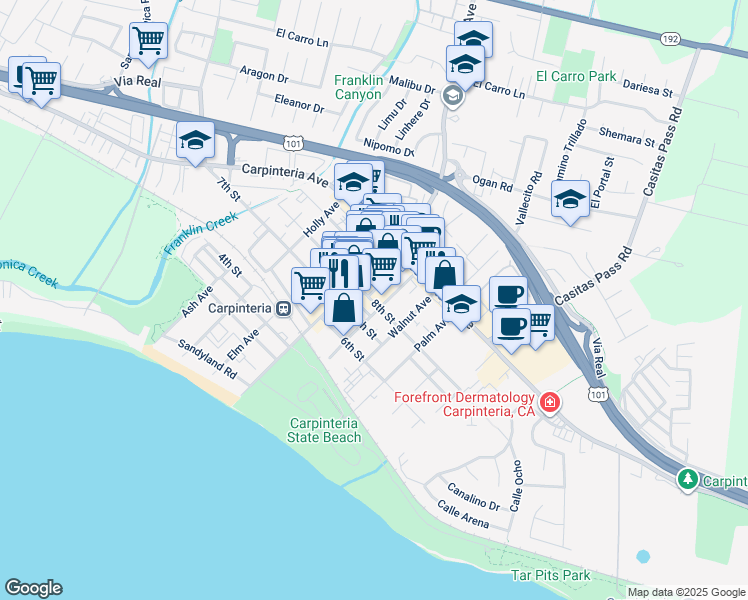 map of restaurants, bars, coffee shops, grocery stores, and more near 800 Maple Avenue in Carpinteria