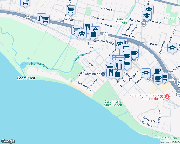 map of restaurants, bars, coffee shops, grocery stores, and more near 4772 3rd Street in Carpinteria