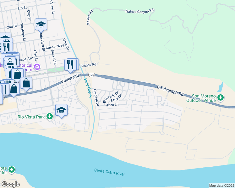 map of restaurants, bars, coffee shops, grocery stores, and more near 250 East Telegraph Road in Fillmore