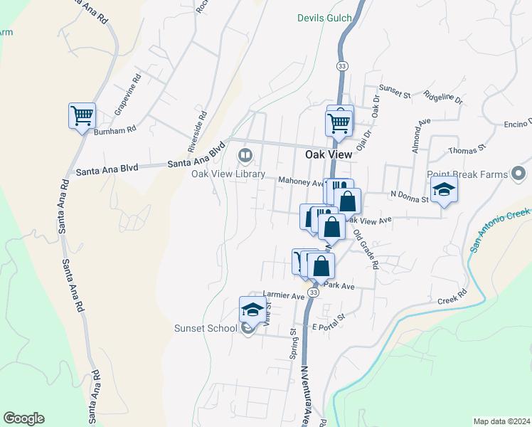 map of restaurants, bars, coffee shops, grocery stores, and more near 2 Mountain View Street in Oak View
