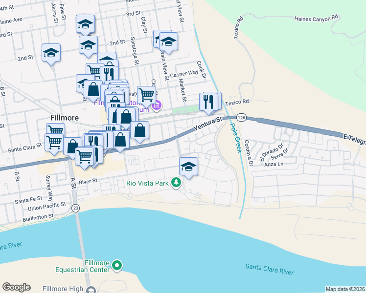 map of restaurants, bars, coffee shops, grocery stores, and more near 467 Arborwood Street in Fillmore