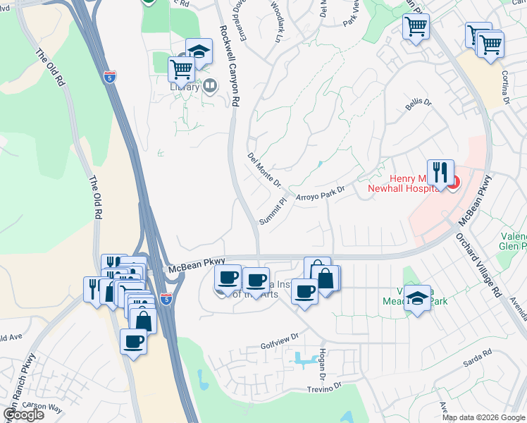 map of restaurants, bars, coffee shops, grocery stores, and more near 24632 Varese Court in Santa Clarita