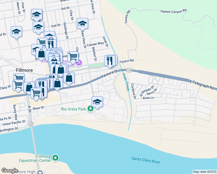 map of restaurants, bars, coffee shops, grocery stores, and more near 196 Elmwood Street in Fillmore