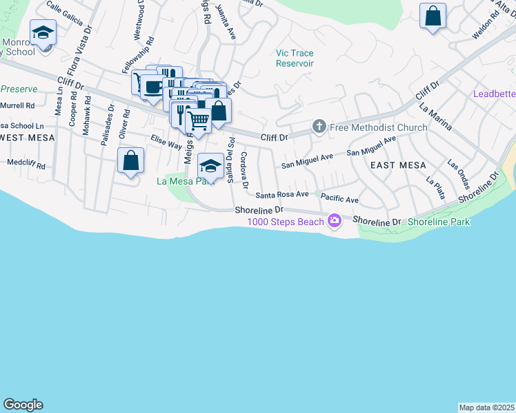 map of restaurants, bars, coffee shops, grocery stores, and more near 1631 Shoreline Drive in Santa Barbara