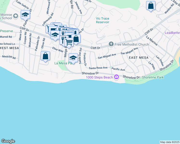 map of restaurants, bars, coffee shops, grocery stores, and more near 1631 Shoreline Drive in Santa Barbara