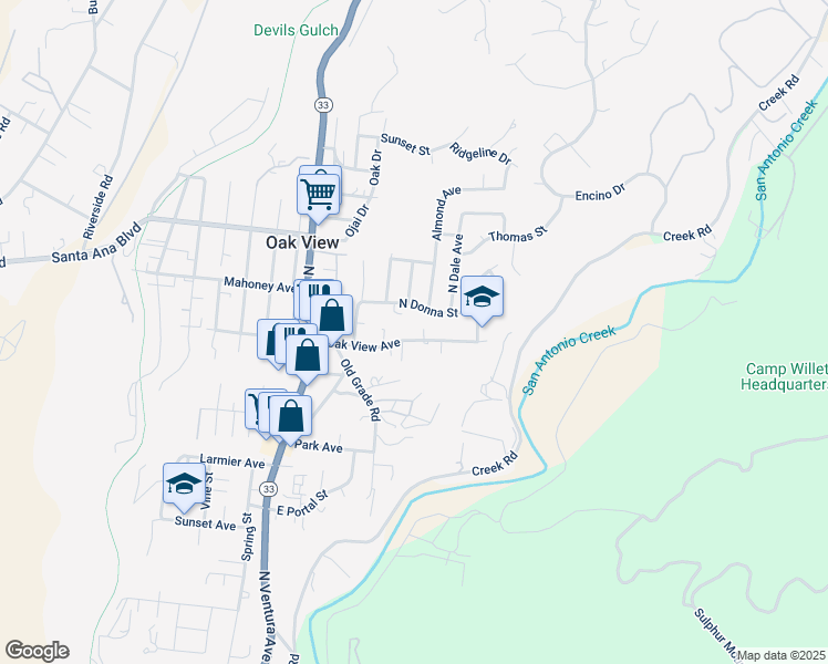 map of restaurants, bars, coffee shops, grocery stores, and more near 180 East Oak View Avenue in Oak View
