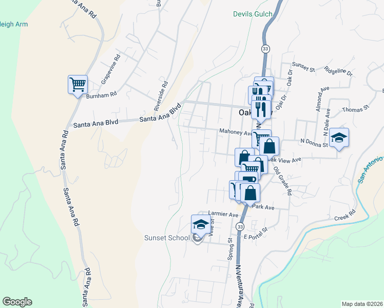map of restaurants, bars, coffee shops, grocery stores, and more near 312 Prospect Street in Oak View