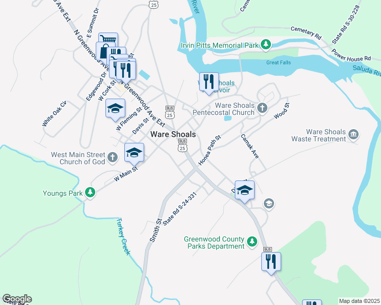 map of restaurants, bars, coffee shops, grocery stores, and more near 18 South Greenwood Avenue in Ware Shoals