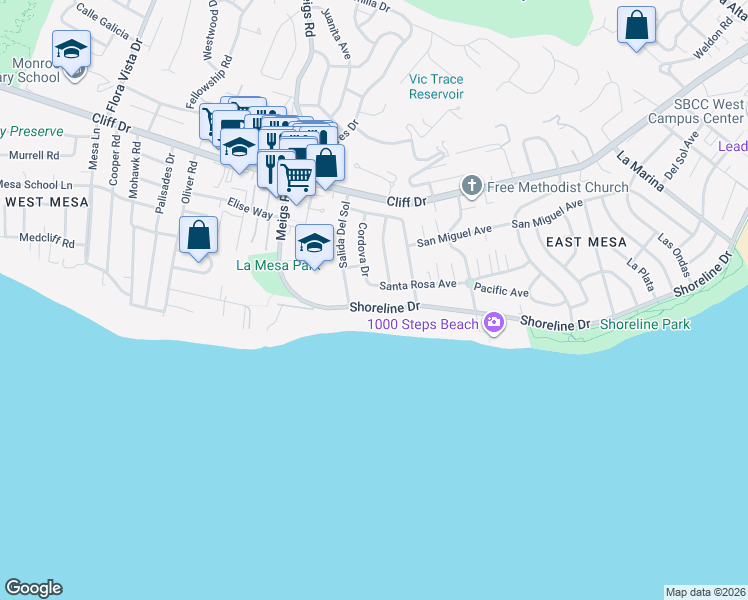 map of restaurants, bars, coffee shops, grocery stores, and more near 1642 Shoreline Drive in Santa Barbara