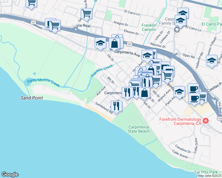 map of restaurants, bars, coffee shops, grocery stores, and more near 4765 Dorrance Way in Carpinteria