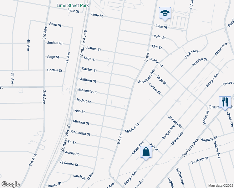 map of restaurants, bars, coffee shops, grocery stores, and more near 16610 Mesquite Street in Hesperia