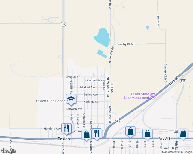 map of restaurants, bars, coffee shops, grocery stores, and more near 821 Turner in Texico