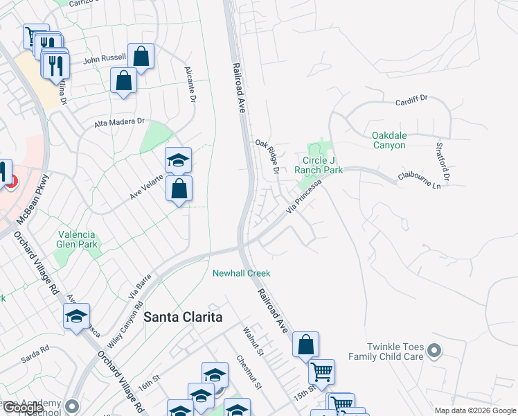 map of restaurants, bars, coffee shops, grocery stores, and more near 22754 Little Falls Court in Santa Clarita