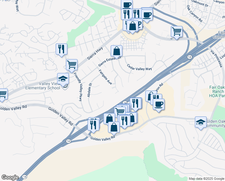 map of restaurants, bars, coffee shops, grocery stores, and more near 26231 Larkhaven Place in Santa Clarita