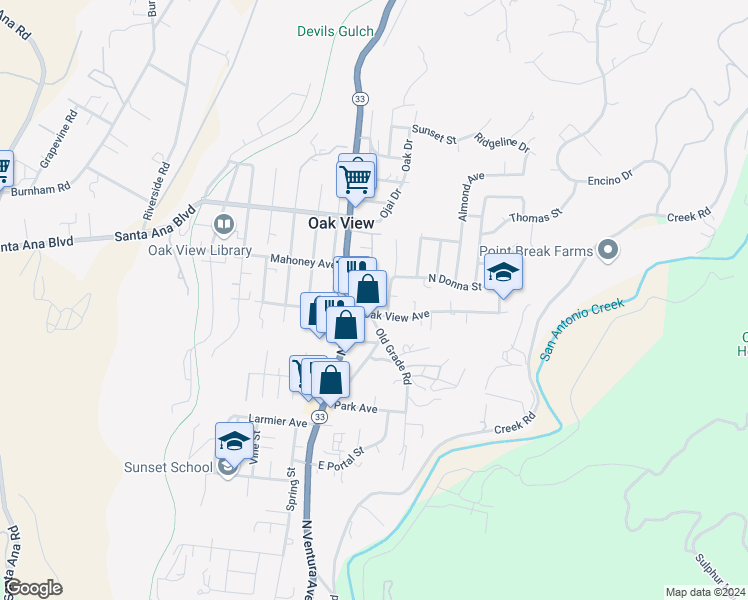 map of restaurants, bars, coffee shops, grocery stores, and more near 248 Old Grade Road in Oak View