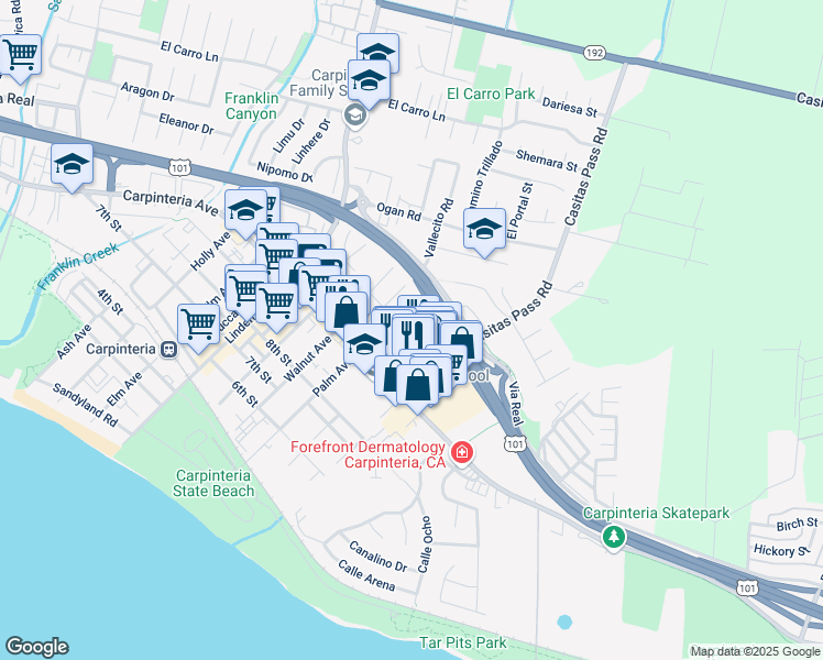 map of restaurants, bars, coffee shops, grocery stores, and more near 1132 Vallecito Road in Carpinteria