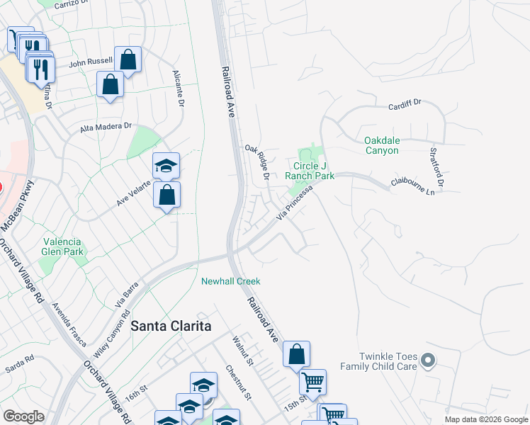 map of restaurants, bars, coffee shops, grocery stores, and more near 22705 Sundance Creek Drive in Santa Clarita