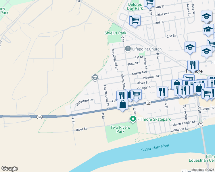 map of restaurants, bars, coffee shops, grocery stores, and more near 1201 Los Serenos Drive in Fillmore