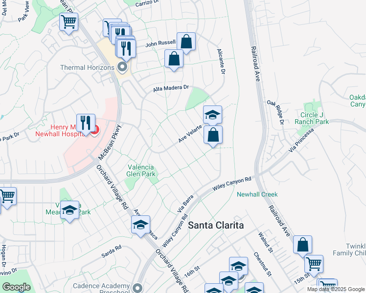 map of restaurants, bars, coffee shops, grocery stores, and more near 25449 Vía Jardin in Santa Clarita
