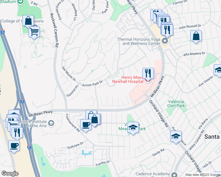 map of restaurants, bars, coffee shops, grocery stores, and more near 24232 Tossano Drive in Santa Clarita