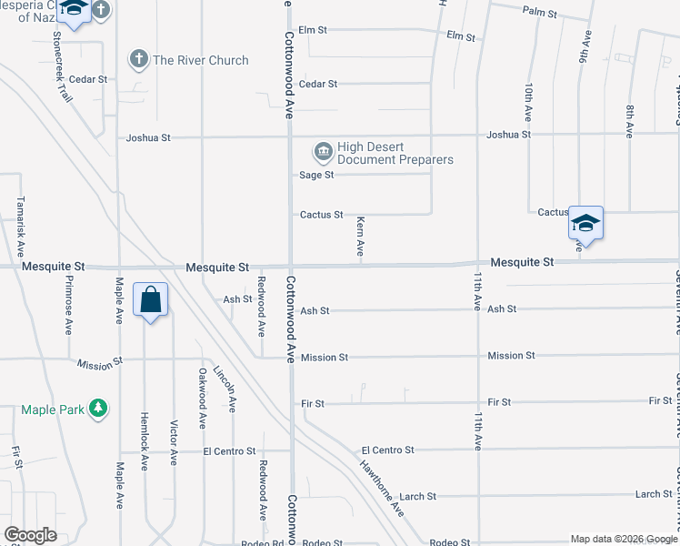 map of restaurants, bars, coffee shops, grocery stores, and more near 15005 Mesquite Street in Hesperia