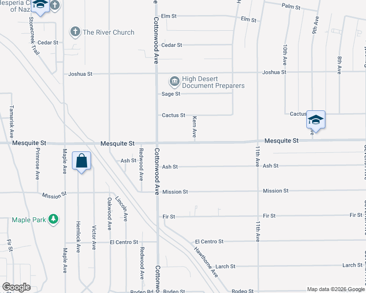map of restaurants, bars, coffee shops, grocery stores, and more near 15005 Mesquite Street in Hesperia
