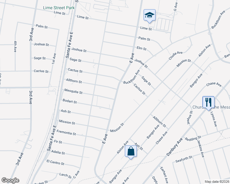 map of restaurants, bars, coffee shops, grocery stores, and more near 8102 E Avenue in Hesperia