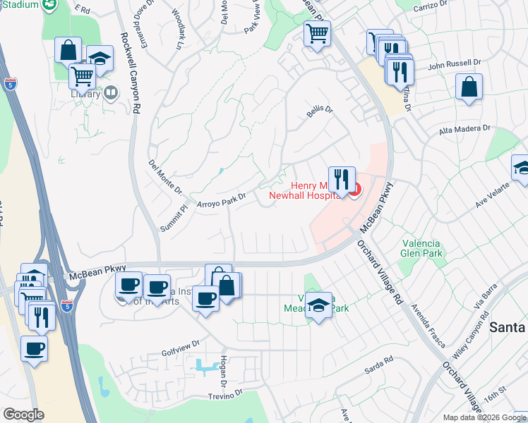 map of restaurants, bars, coffee shops, grocery stores, and more near 24232 Tossano Drive in Santa Clarita
