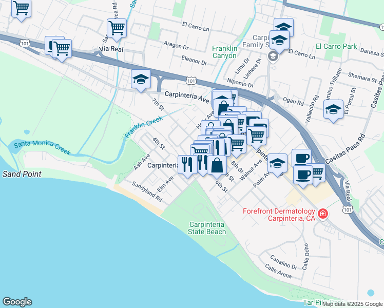 map of restaurants, bars, coffee shops, grocery stores, and more near 4822A 5th Street in Carpinteria
