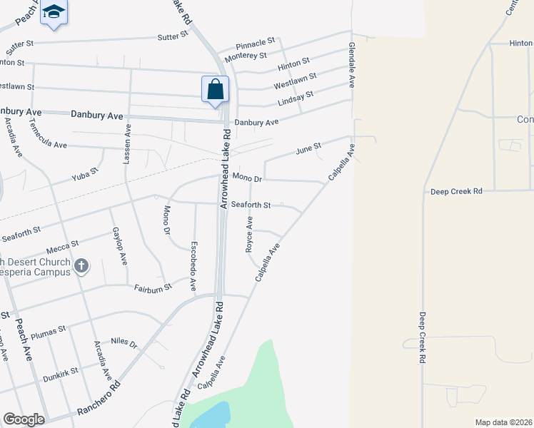 map of restaurants, bars, coffee shops, grocery stores, and more near 19055 Seaforth Street in Hesperia