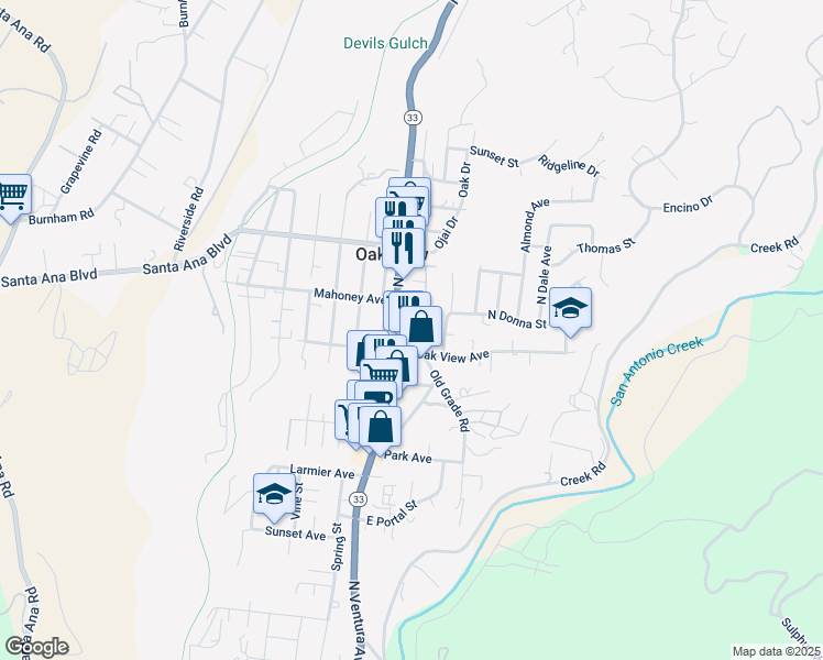 map of restaurants, bars, coffee shops, grocery stores, and more near 248 Old Grade Road in Oak View