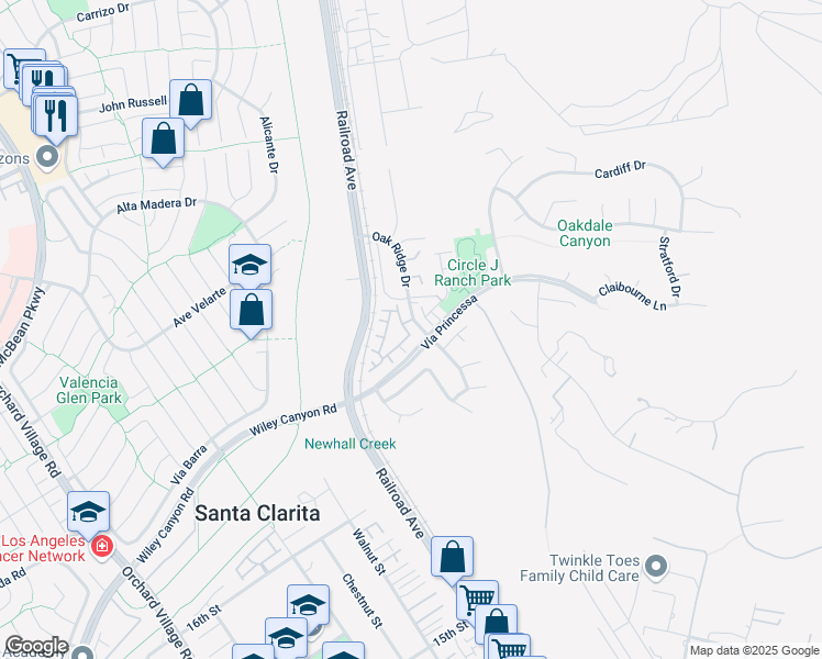 map of restaurants, bars, coffee shops, grocery stores, and more near Parkwood Lane in Santa Clarita