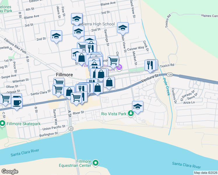 map of restaurants, bars, coffee shops, grocery stores, and more near 227 Saratoga Street in Fillmore