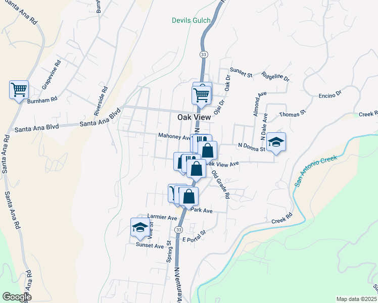 map of restaurants, bars, coffee shops, grocery stores, and more near 228 Apricot Street in Oak View