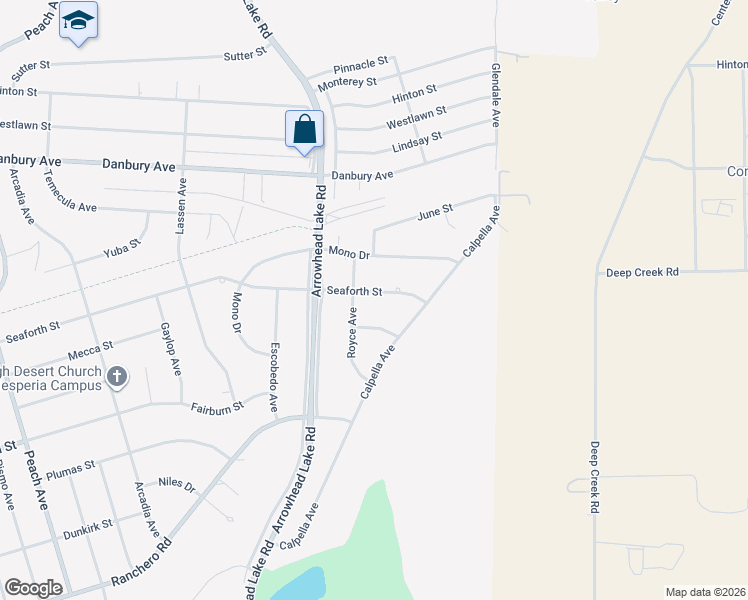 map of restaurants, bars, coffee shops, grocery stores, and more near 19055 Seaforth Street in Hesperia
